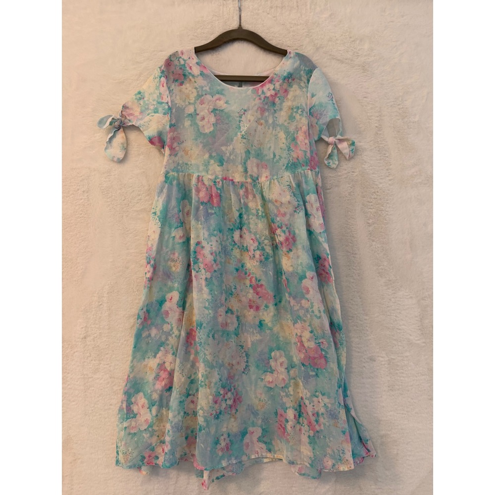 Polly Flinders Vintage Floral Dress Girls Size 8 Blue Pink Watercolor Tie Sleeve